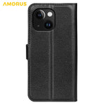 AMORUS For iPhone 15 Wallet Case Litchi Texture Shockproof Leather Flip Stand Phone Cover