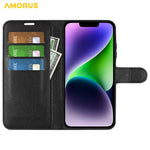AMORUS For iPhone 15 Wallet Case Litchi Texture Shockproof Leather Flip Stand Phone Cover