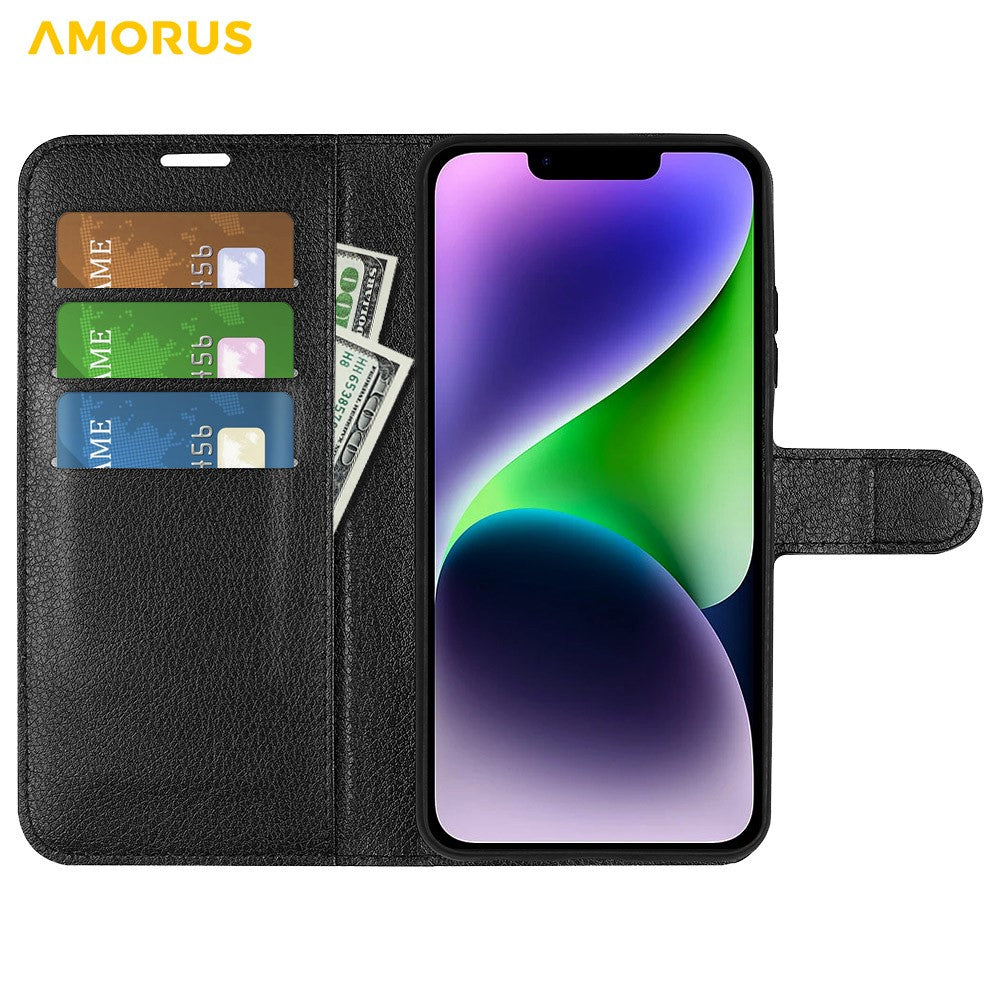 AMORUS For iPhone 15 Wallet Case Litchi Texture Shockproof Leather Flip Stand Phone Cover