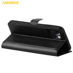 AMORUS For iPhone 15 Wallet Case Litchi Texture Shockproof Leather Flip Stand Phone Cover