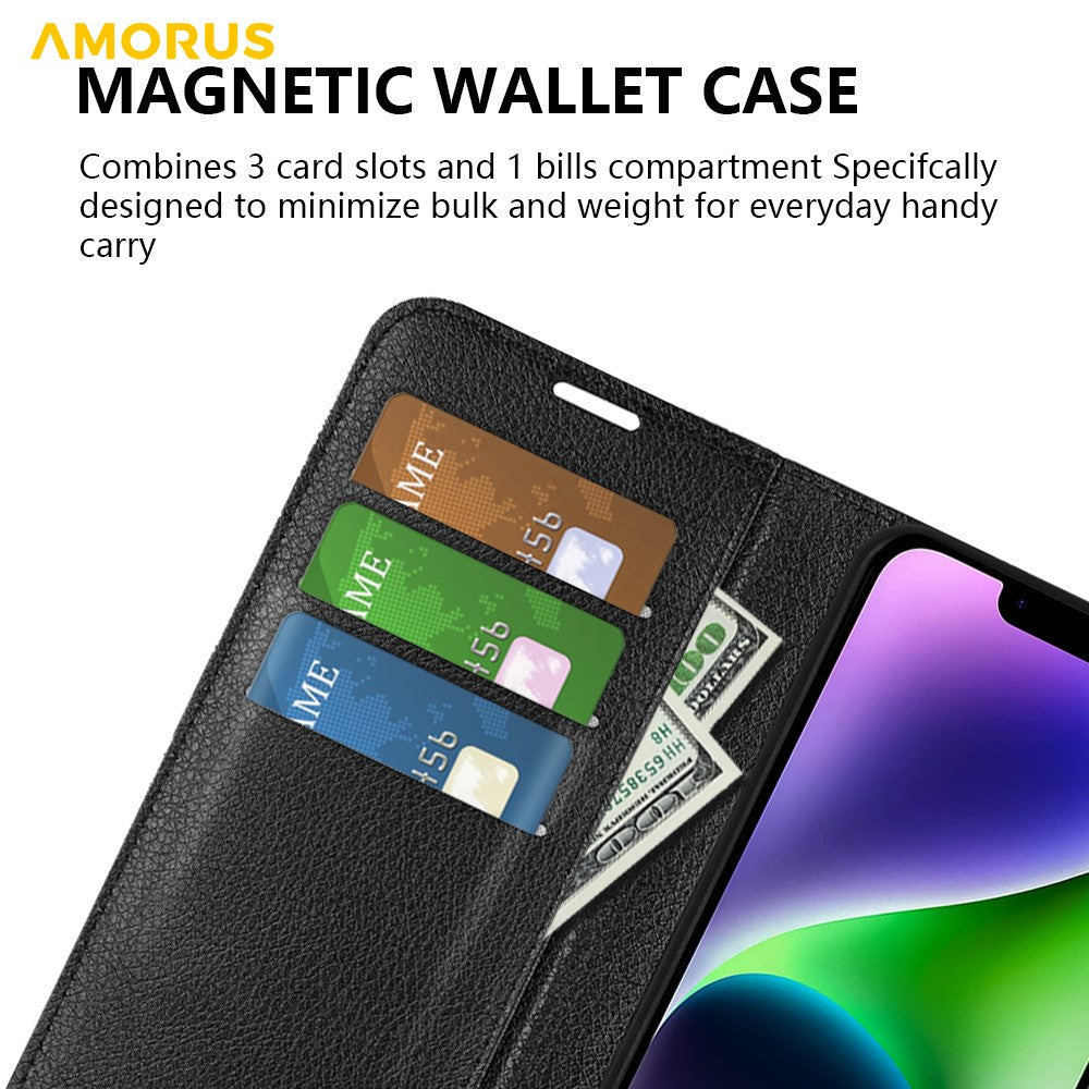 AMORUS For iPhone 15 Wallet Case Litchi Texture Shockproof Leather Flip Stand Phone Cover