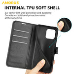 AMORUS For iPhone 15 Wallet Case Litchi Texture Shockproof Leather Flip Stand Phone Cover