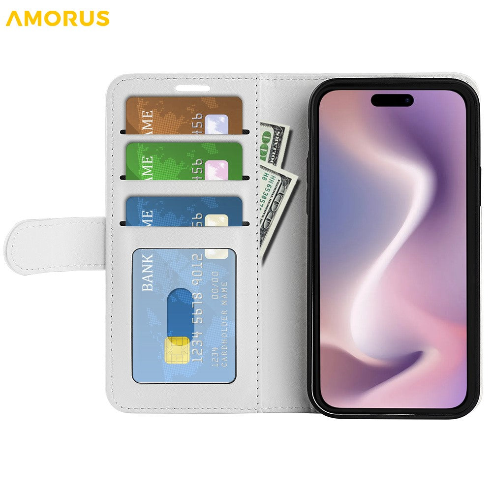 AMORUS For iPhone 16 Pro Max Wallet Case Litchi Texture Shockproof Leather Flip Stand Phone Cover