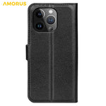 AMORUS For iPhone 15 Pro Wallet Case Litchi Texture Shockproof Leather Flip Stand Phone Cover