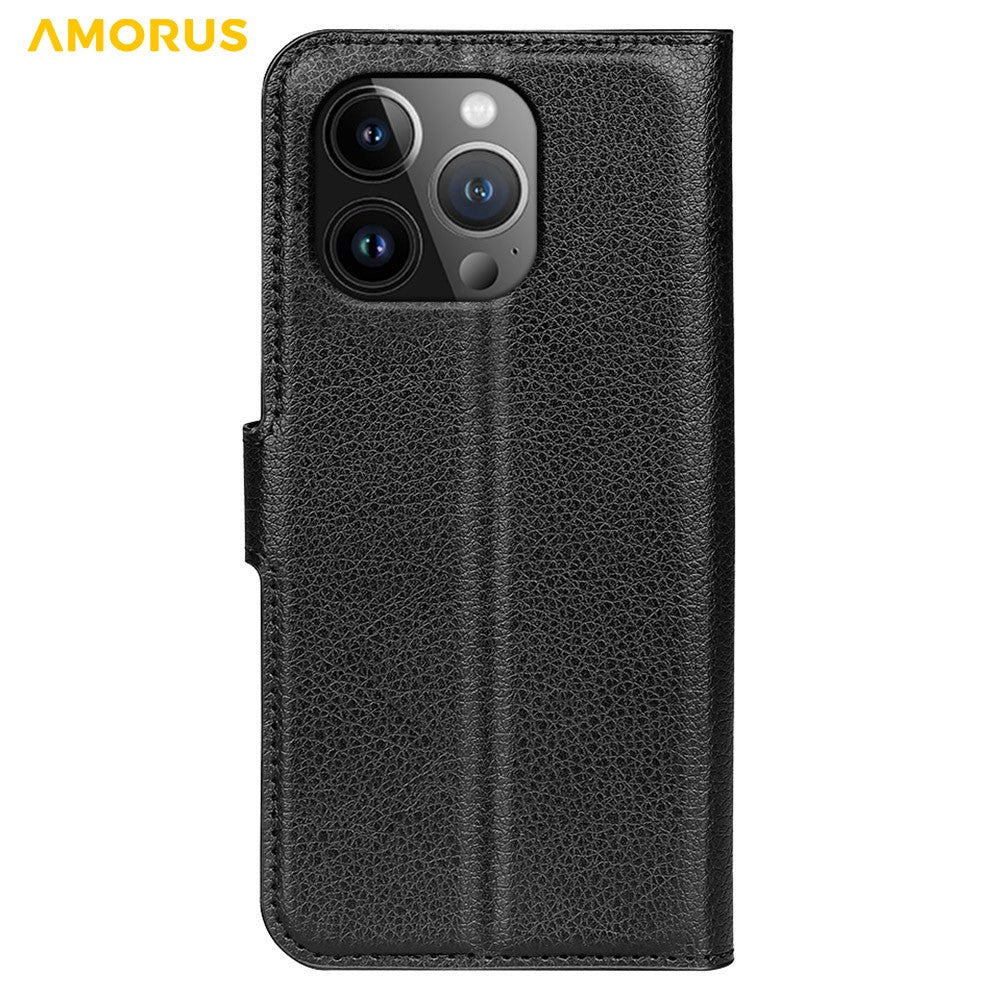 AMORUS For iPhone 15 Pro Wallet Case Litchi Texture Shockproof Leather Flip Stand Phone Cover
