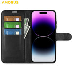 AMORUS For iPhone 15 Pro Wallet Case Litchi Texture Shockproof Leather Flip Stand Phone Cover