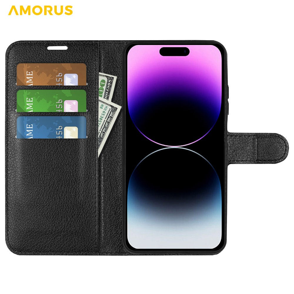 AMORUS For iPhone 15 Pro Wallet Case Litchi Texture Shockproof Leather Flip Stand Phone Cover