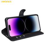 AMORUS For iPhone 15 Pro Wallet Case Litchi Texture Shockproof Leather Flip Stand Phone Cover