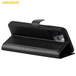 AMORUS For iPhone 15 Pro Wallet Case Litchi Texture Shockproof Leather Flip Stand Phone Cover