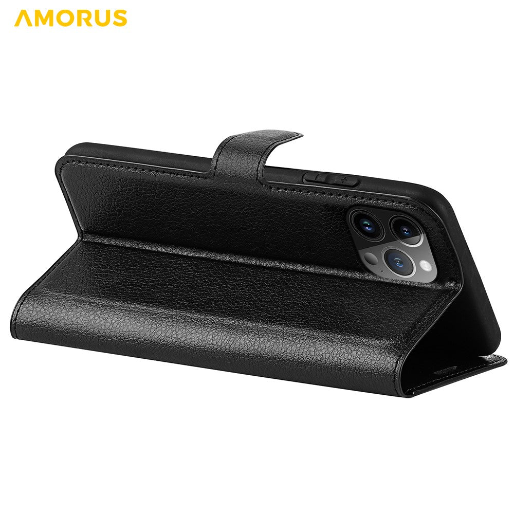 AMORUS For iPhone 15 Pro Wallet Case Litchi Texture Shockproof Leather Flip Stand Phone Cover