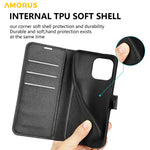 AMORUS For iPhone 15 Pro Wallet Case Litchi Texture Shockproof Leather Flip Stand Phone Cover