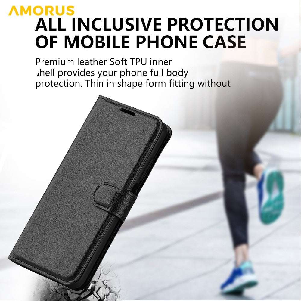 AMORUS For iPhone 15 Pro Wallet Case Litchi Texture Shockproof Leather Flip Stand Phone Cover