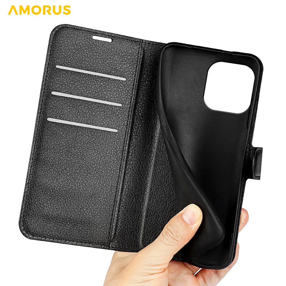AMORUS For iPhone 15 Pro Wallet Case Litchi Texture Shockproof Leather Flip Stand Phone Cover