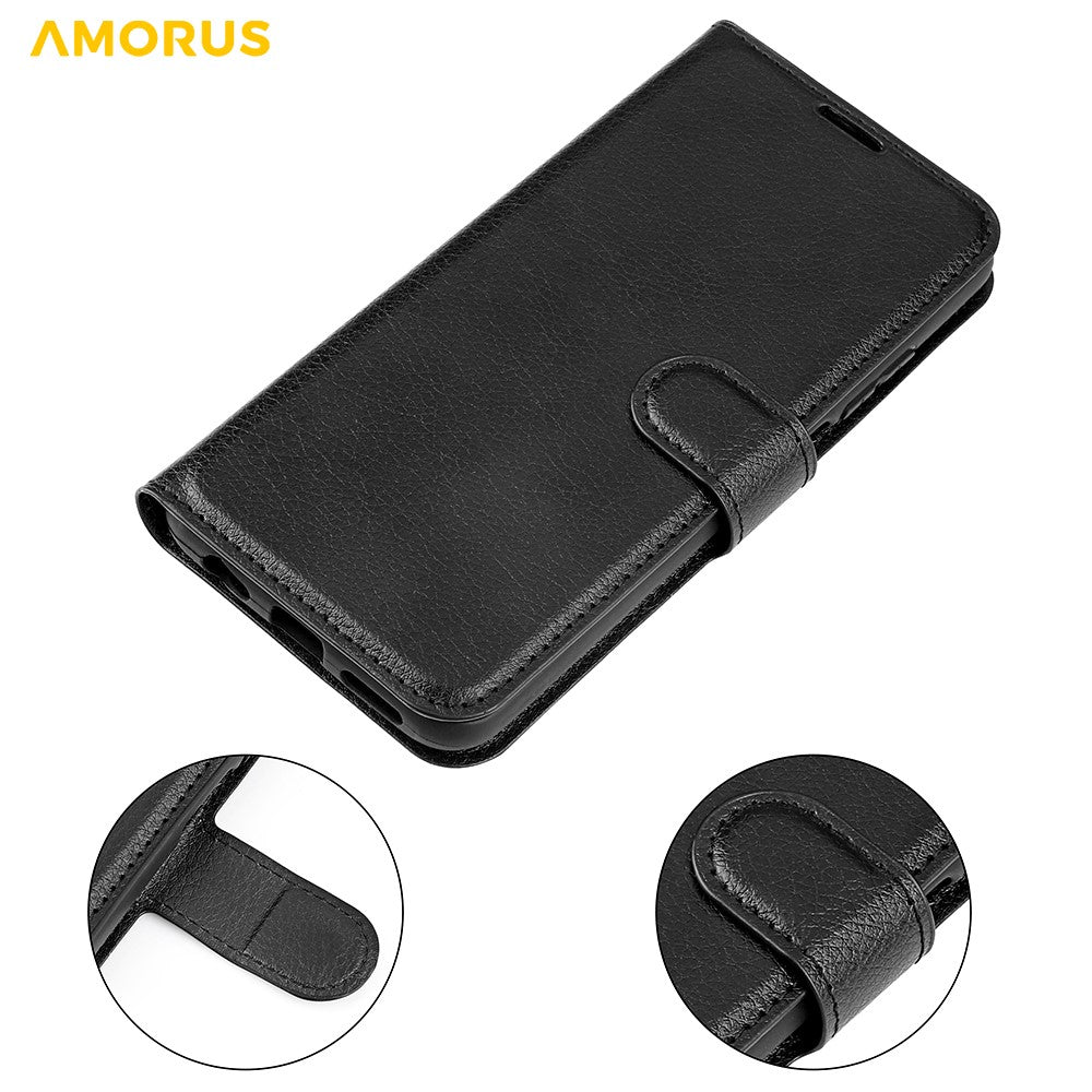 AMORUS For iPhone 15 Pro Wallet Case Litchi Texture Shockproof Leather Flip Stand Phone Cover