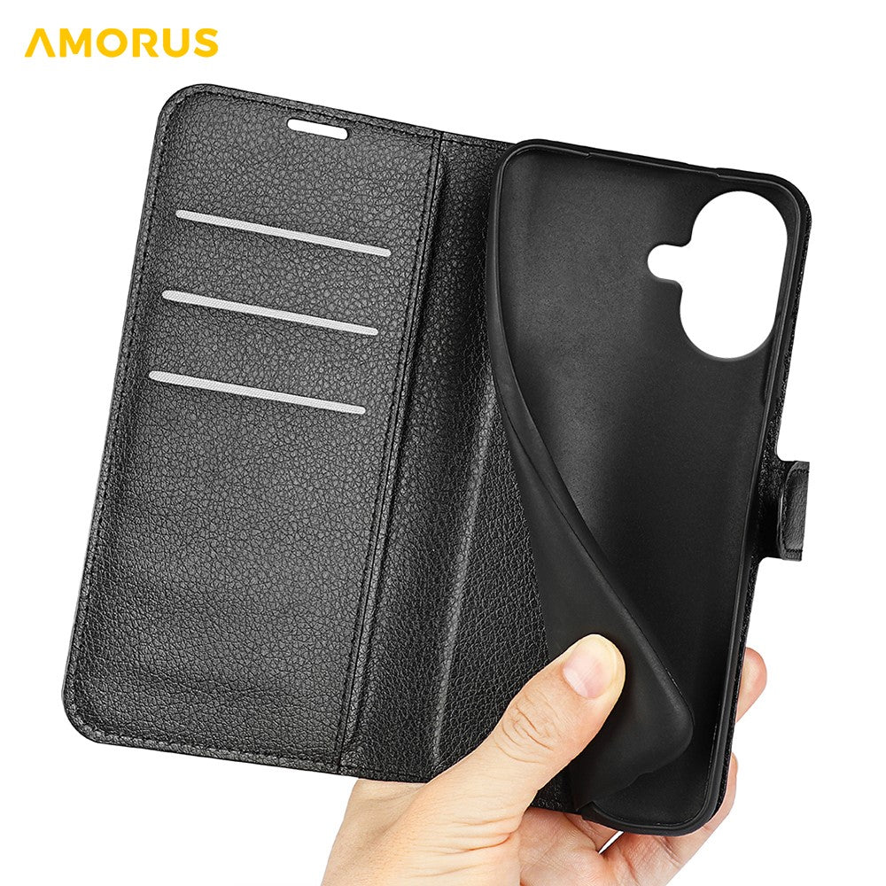 AMORUS For iPhone 17 Wallet Case Litchi Texture Shockproof Leather Flip Stand Phone Cover