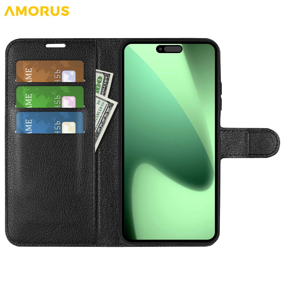 AMORUS For iPhone 18 Pro / 17 Pro Wallet Case Litchi Texture Shockproof Leather Flip Stand Phone Cover