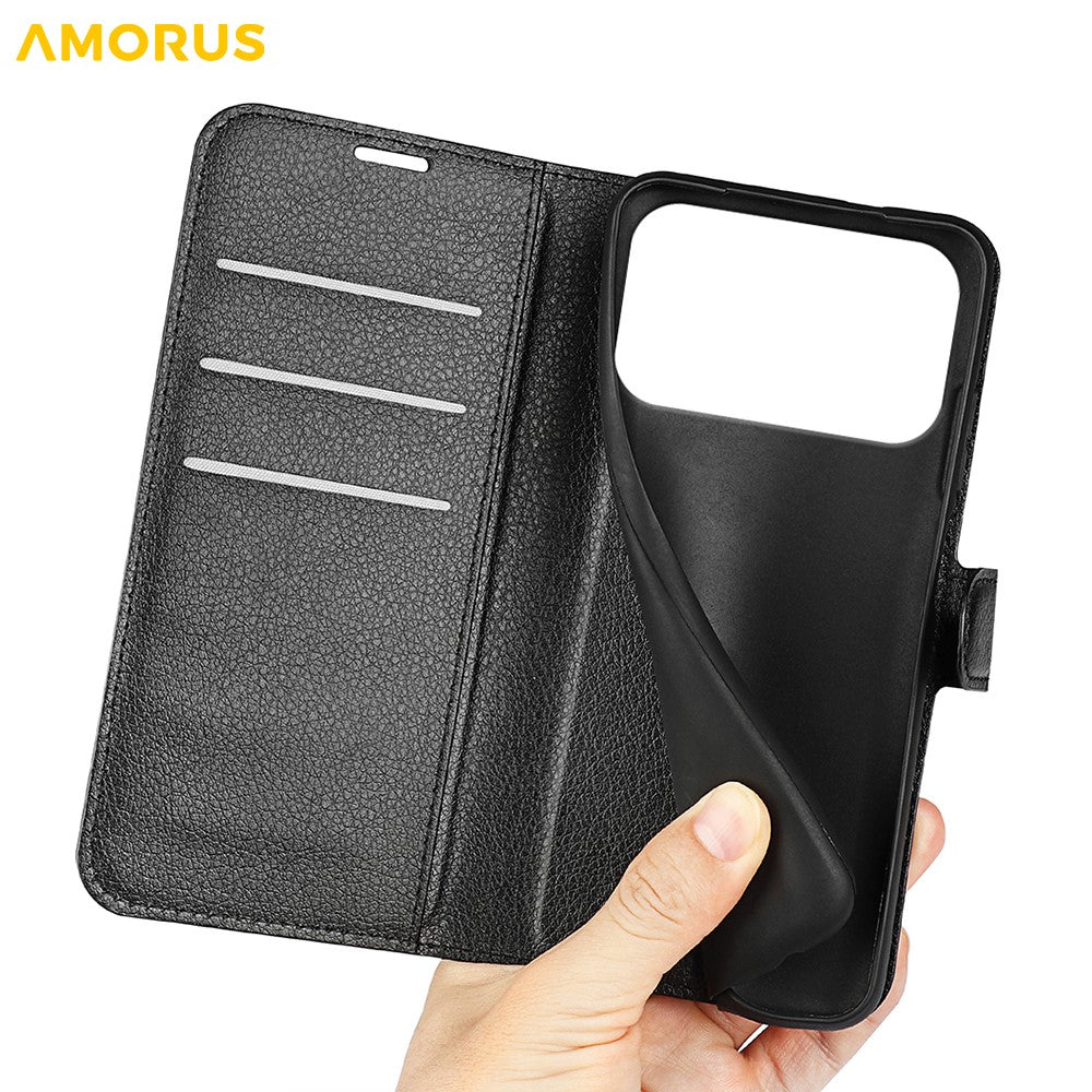 AMORUS For iPhone 18 Pro / 17 Pro Wallet Case Litchi Texture Shockproof Leather Flip Stand Phone Cover
