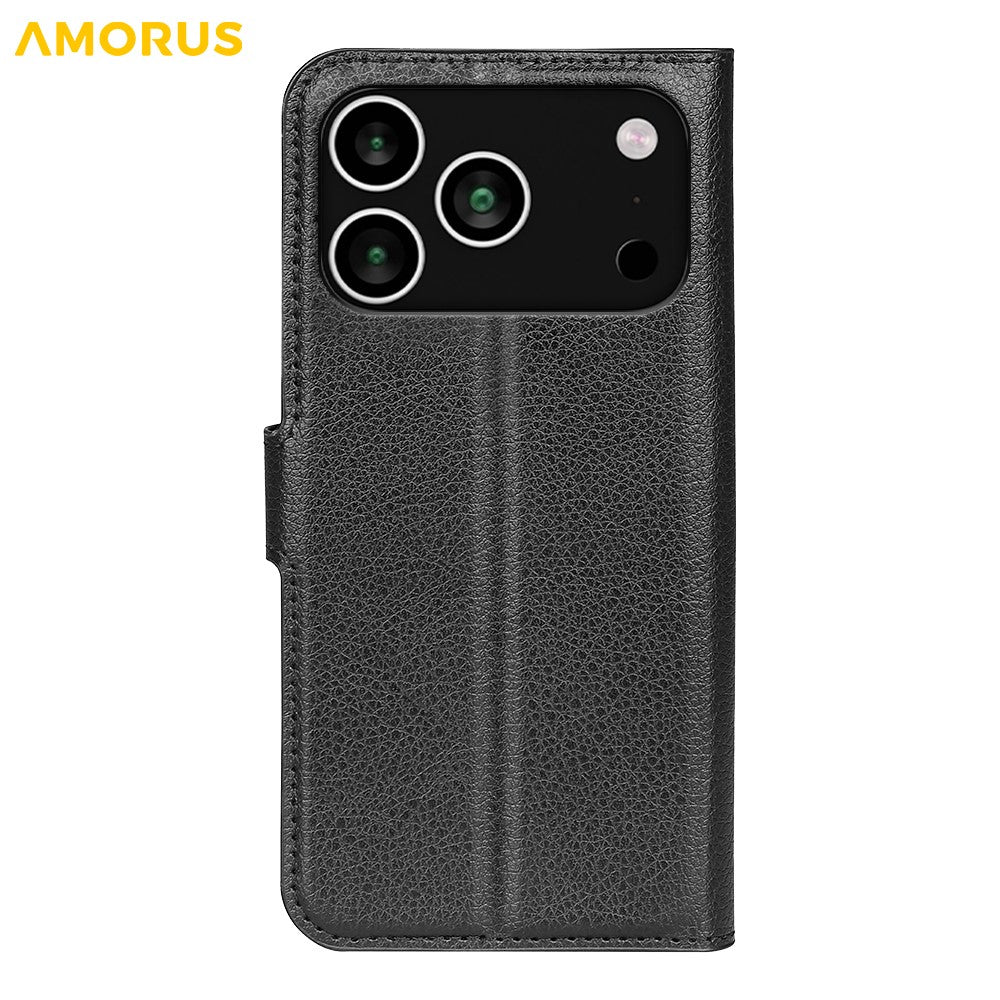 AMORUS For iPhone 18 Pro / 17 Pro Wallet Case Litchi Texture Shockproof Leather Flip Stand Phone Cover