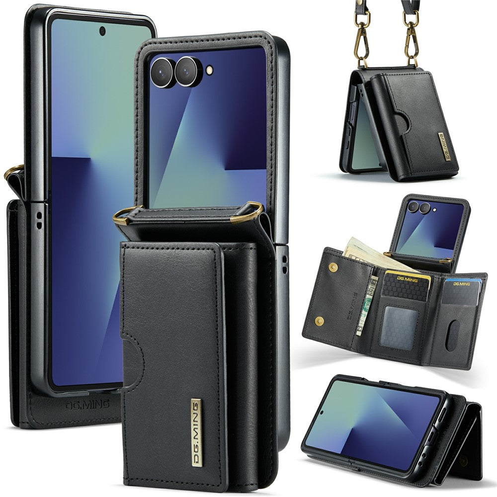 DG.MING M6 Series For Samsung Galaxy Z Flip7 5G Foldable Case PU + PC Phone Cover with Wallet  /  Shoulder Strap