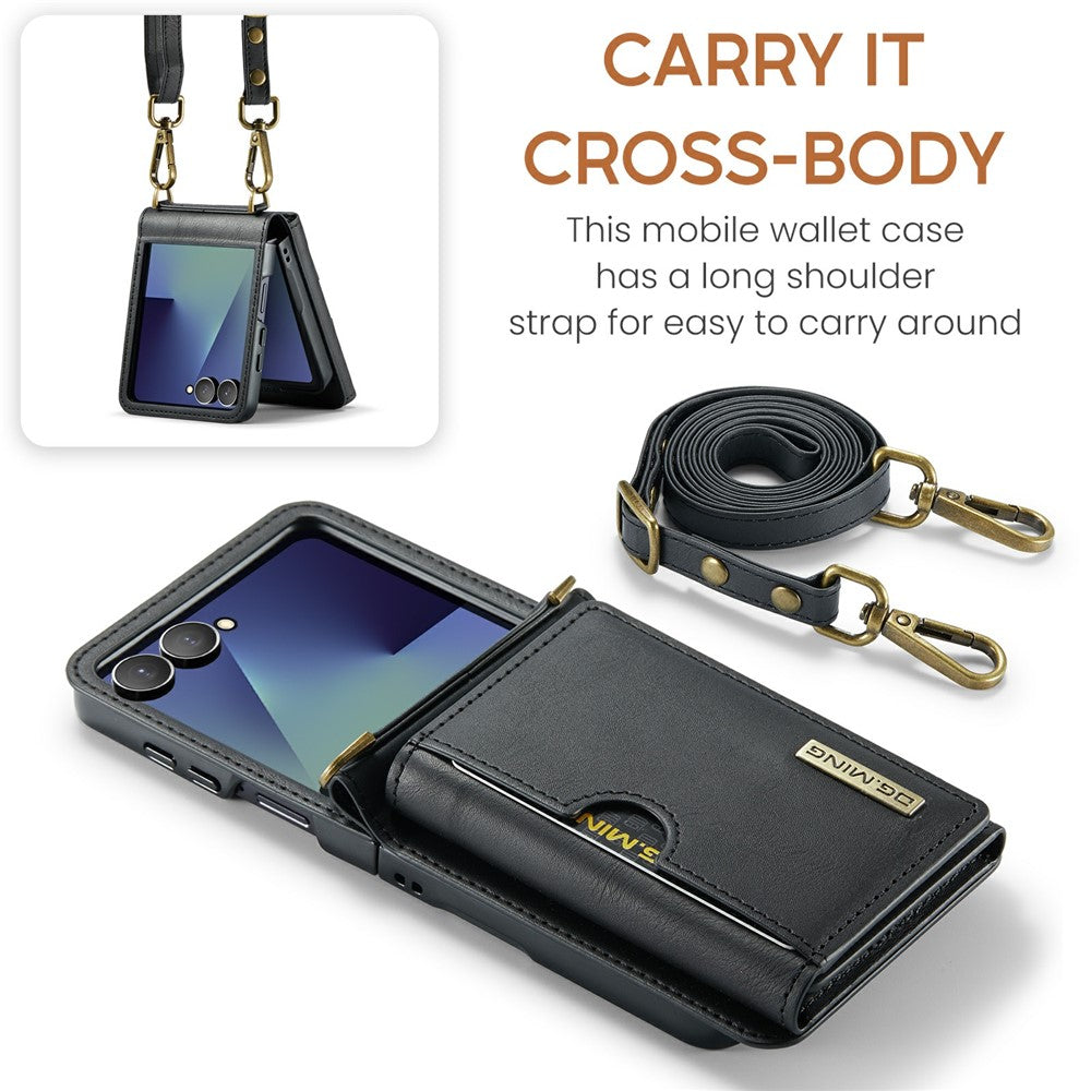 DG.MING M6 Series For Samsung Galaxy Z Flip7 5G Foldable Case PU + PC Phone Cover with Wallet  /  Shoulder Strap