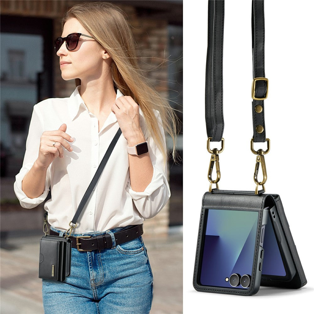 DG.MING M6 Series For Samsung Galaxy Z Flip7 5G Foldable Case PU + PC Phone Cover with Wallet  /  Shoulder Strap
