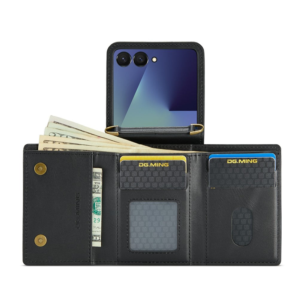 DG.MING M6 Series For Samsung Galaxy Z Flip7 5G Foldable Case PU + PC Phone Cover with Wallet  /  Shoulder Strap