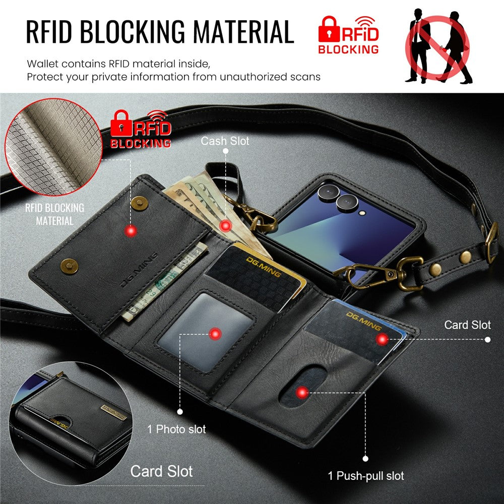DG.MING M6 Series For Samsung Galaxy Z Flip7 5G Foldable Case PU + PC Phone Cover with Wallet  /  Shoulder Strap