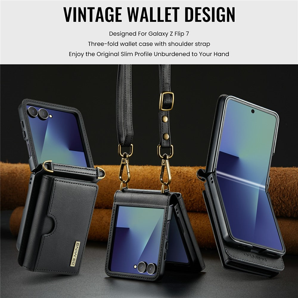DG.MING M6 Series For Samsung Galaxy Z Flip7 5G Foldable Case PU + PC Phone Cover with Wallet  /  Shoulder Strap