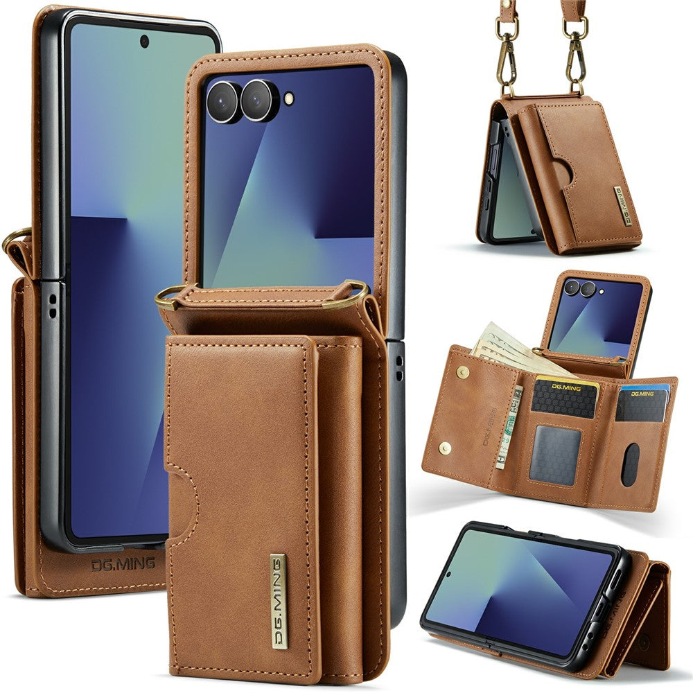 DG.MING M6 Series For Samsung Galaxy Z Flip7 5G Foldable Case PU + PC Phone Cover with Wallet  /  Shoulder Strap