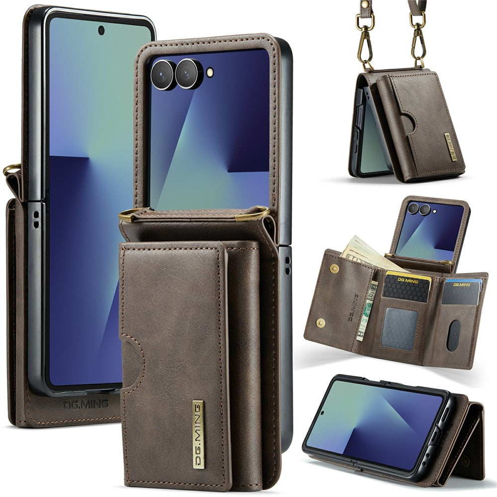 DG.MING M6 Series For Samsung Galaxy Z Flip7 5G Foldable Case PU + PC Phone Cover with Wallet  /  Shoulder Strap