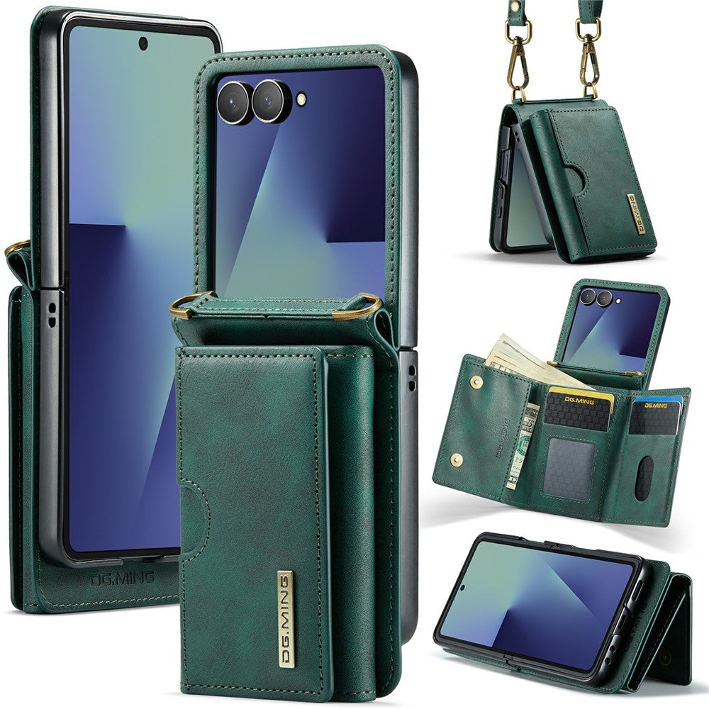 DG.MING M6 Series For Samsung Galaxy Z Flip7 5G Foldable Case PU + PC Phone Cover with Wallet  /  Shoulder Strap