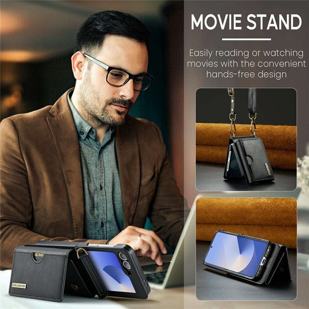 DG.MING M6 Series for Samsung Galaxy Z Flip6 5G / Z Flip7 FE 5G Foldable Case PU + PC Phone Cover with Wallet / Shoulder Strap