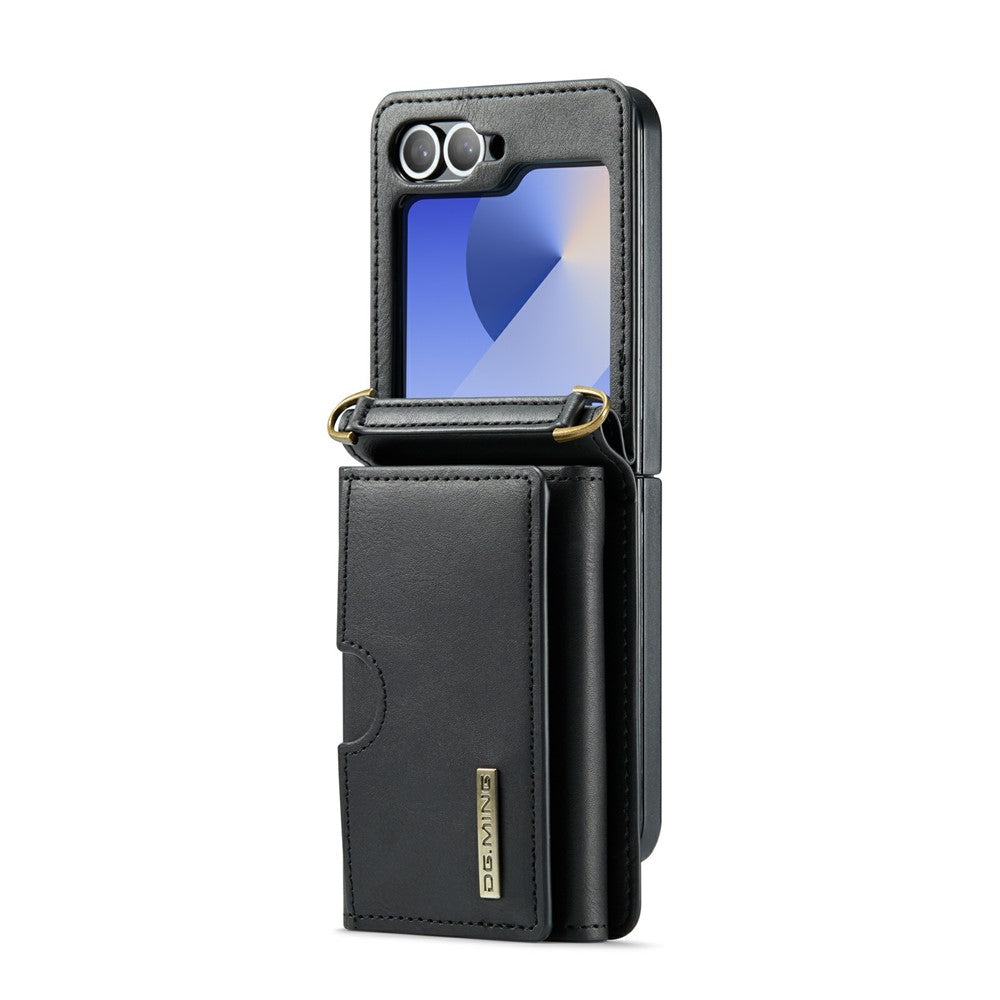 DG.MING M6 Series for Samsung Galaxy Z Flip6 5G / Z Flip7 FE 5G Foldable Case PU + PC Phone Cover with Wallet / Shoulder Strap