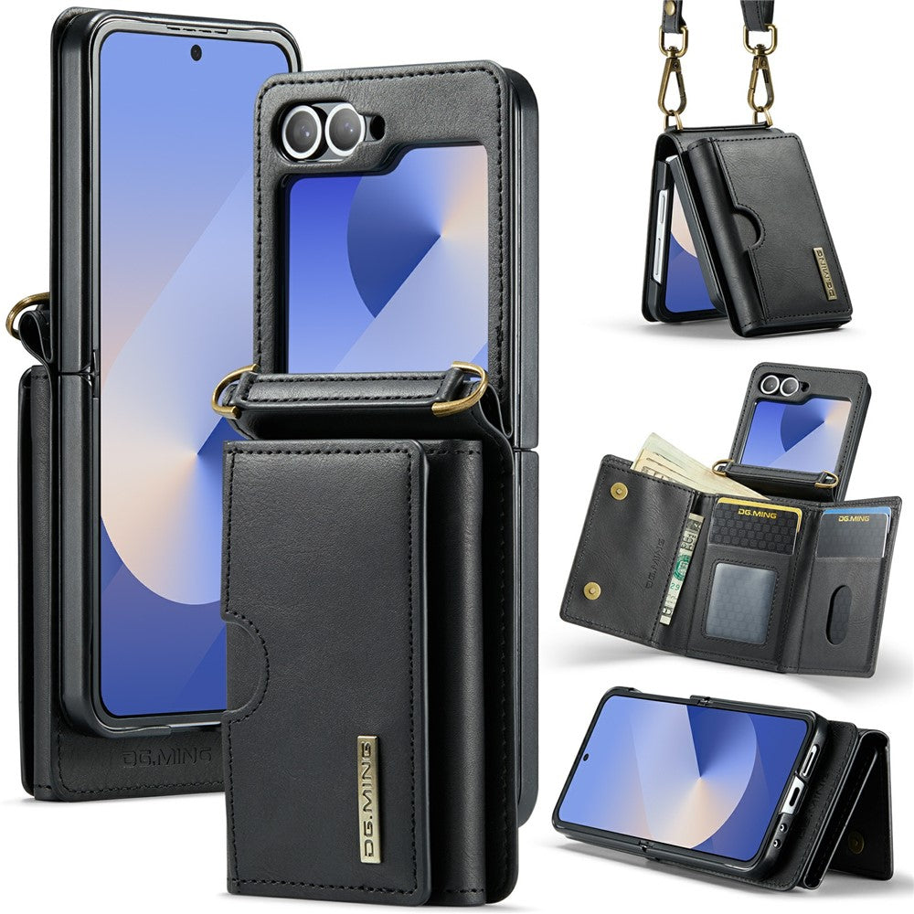 DG.MING M6 Series for Samsung Galaxy Z Flip6 5G / Z Flip7 FE 5G Foldable Case PU + PC Phone Cover with Wallet / Shoulder Strap