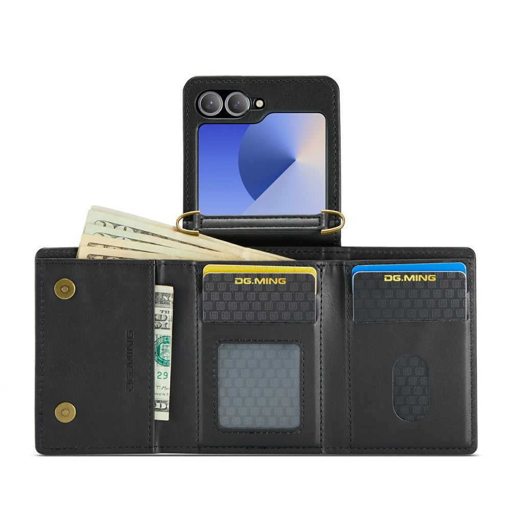 DG.MING M6 Series for Samsung Galaxy Z Flip6 5G / Z Flip7 FE 5G Foldable Case PU + PC Phone Cover with Wallet / Shoulder Strap