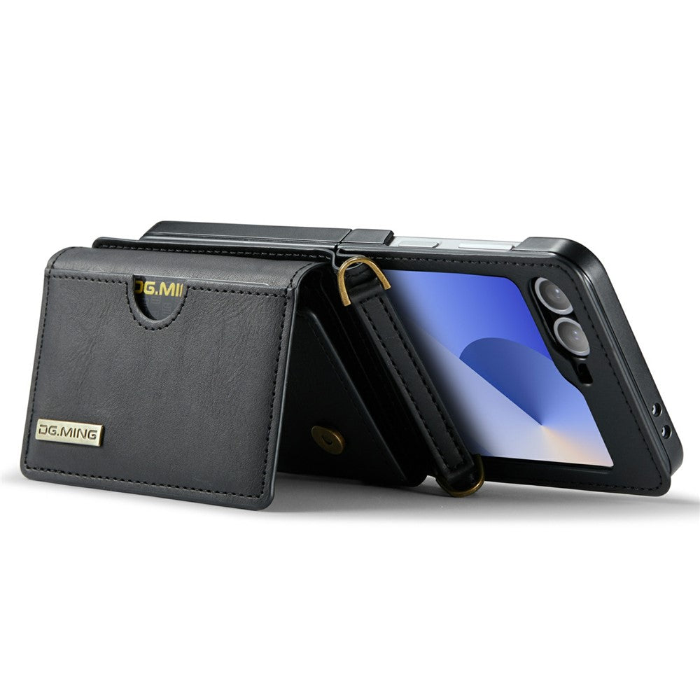 DG.MING M6 Series for Samsung Galaxy Z Flip6 5G / Z Flip7 FE 5G Foldable Case PU + PC Phone Cover with Wallet / Shoulder Strap