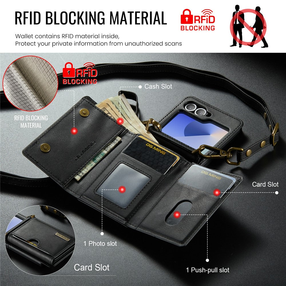 DG.MING M6 Series for Samsung Galaxy Z Flip6 5G / Z Flip7 FE 5G Foldable Case PU + PC Phone Cover with Wallet / Shoulder Strap