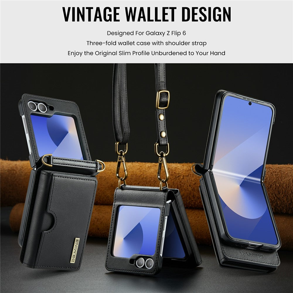 DG.MING M6 Series for Samsung Galaxy Z Flip6 5G / Z Flip7 FE 5G Foldable Case PU + PC Phone Cover with Wallet / Shoulder Strap