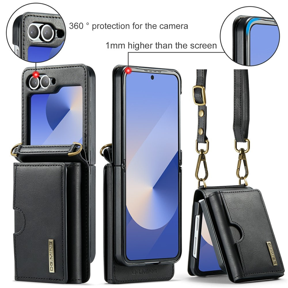 DG.MING M6 Series for Samsung Galaxy Z Flip6 5G / Z Flip7 FE 5G Foldable Case PU + PC Phone Cover with Wallet / Shoulder Strap
