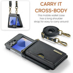 DG.MING M6 Series for Samsung Galaxy Z Flip6 5G / Z Flip7 FE 5G Foldable Case PU + PC Phone Cover with Wallet / Shoulder Strap