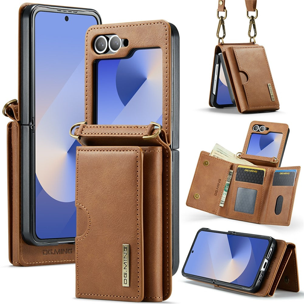 DG.MING M6 Series for Samsung Galaxy Z Flip6 5G / Z Flip7 FE 5G Foldable Case PU + PC Phone Cover with Wallet / Shoulder Strap