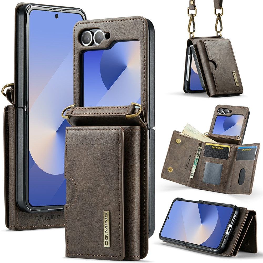 DG.MING M6 Series for Samsung Galaxy Z Flip6 5G / Z Flip7 FE 5G Foldable Case PU + PC Phone Cover with Wallet / Shoulder Strap
