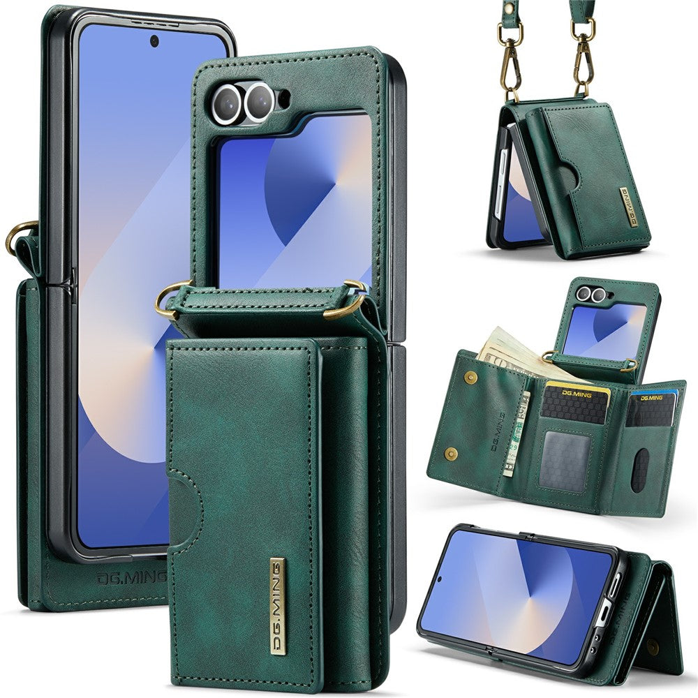 DG.MING M6 Series for Samsung Galaxy Z Flip6 5G / Z Flip7 FE 5G Foldable Case PU + PC Phone Cover with Wallet / Shoulder Strap