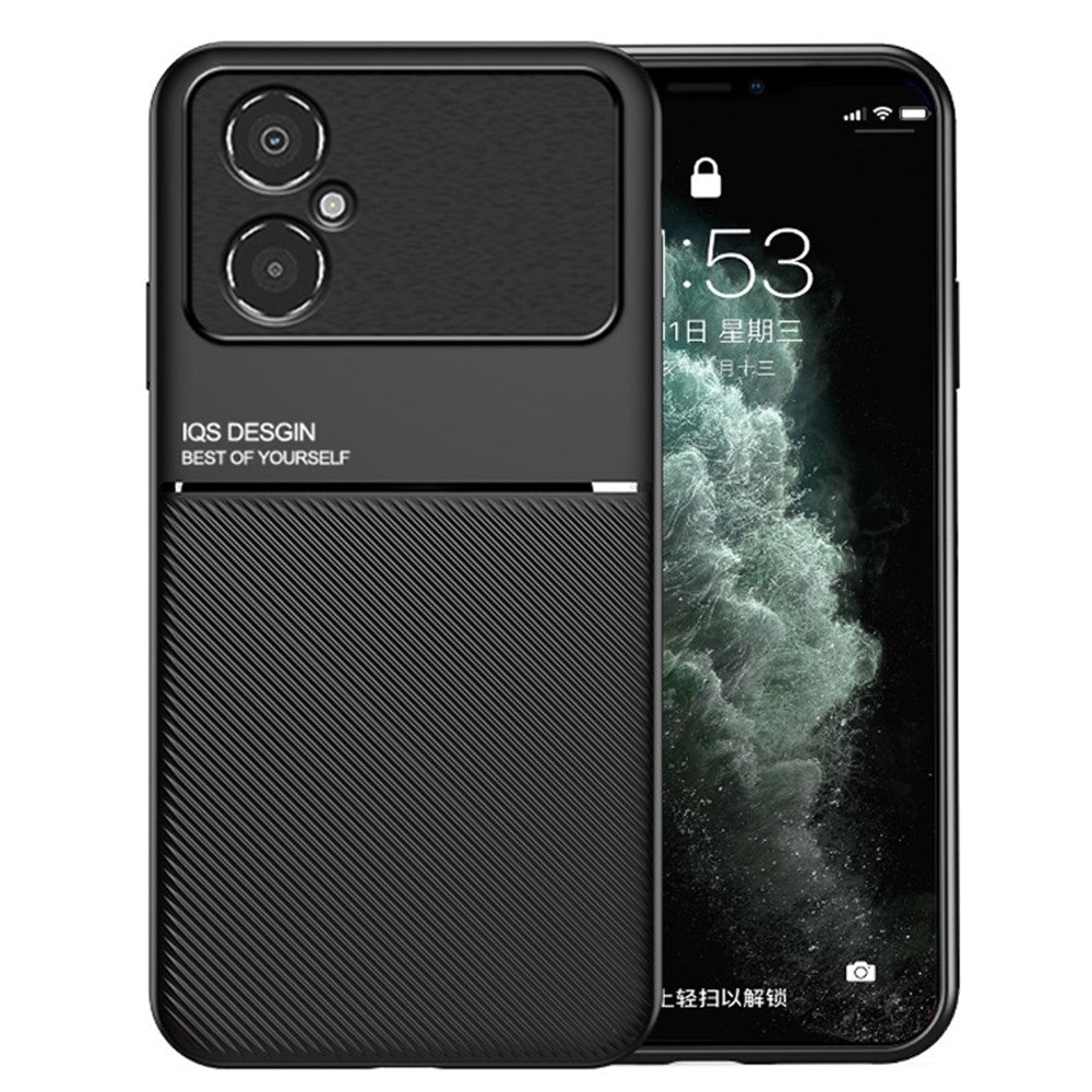 Back Protector for Xiaomi Poco M4 5G, Lines Imprinted PU Leather+TPU Hybrid Shell with Built-in Metal Sheet