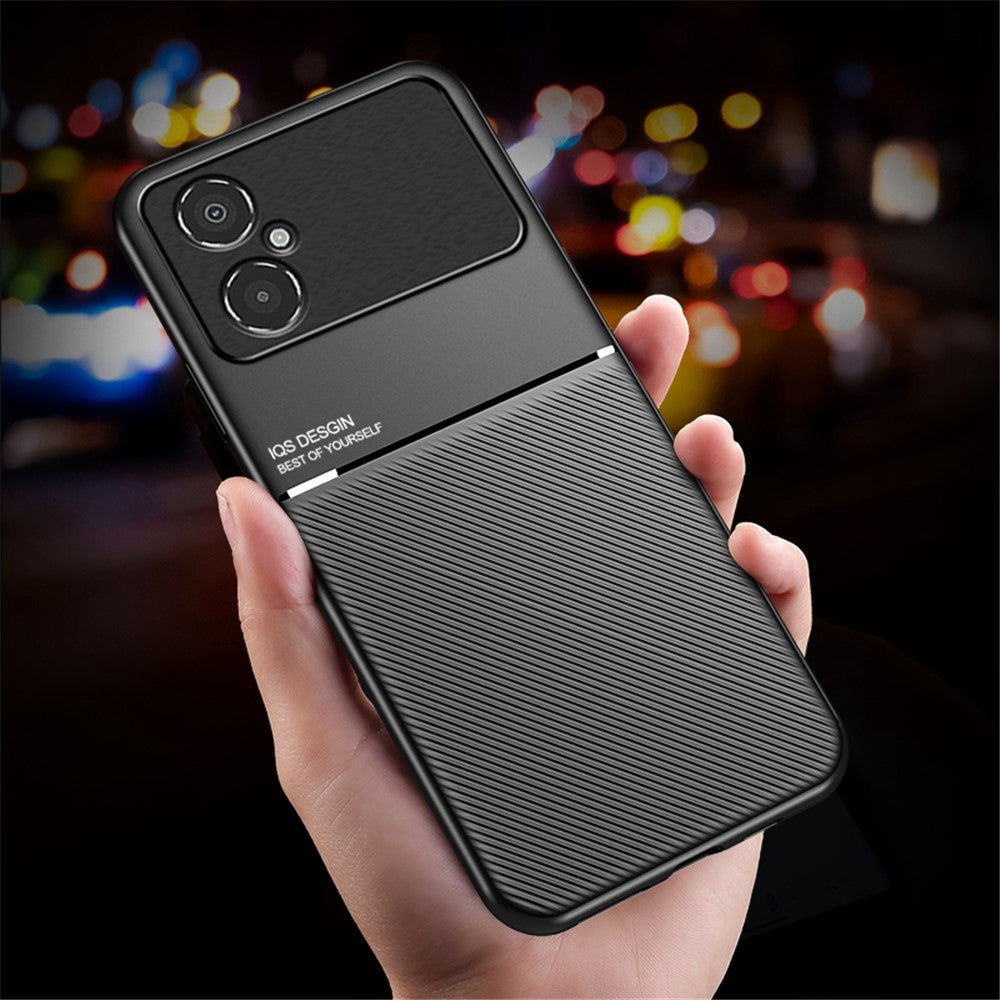 Back Protector for Xiaomi Poco M4 5G, Lines Imprinted PU Leather+TPU Hybrid Shell with Built-in Metal Sheet