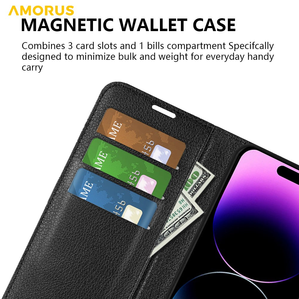 AMORUS For iPhone 14 Pro Max Wallet Case Litchi Texture Shockproof Leather Flip Stand Phone Cover