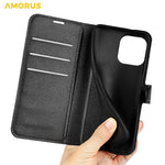 AMORUS For iPhone 14 Pro Max Wallet Case Litchi Texture Shockproof Leather Flip Stand Phone Cover