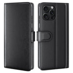 AMORUS för iPhone 16 Pro ställfodral kalvstruktur äkta spaltläder plånboksfodral