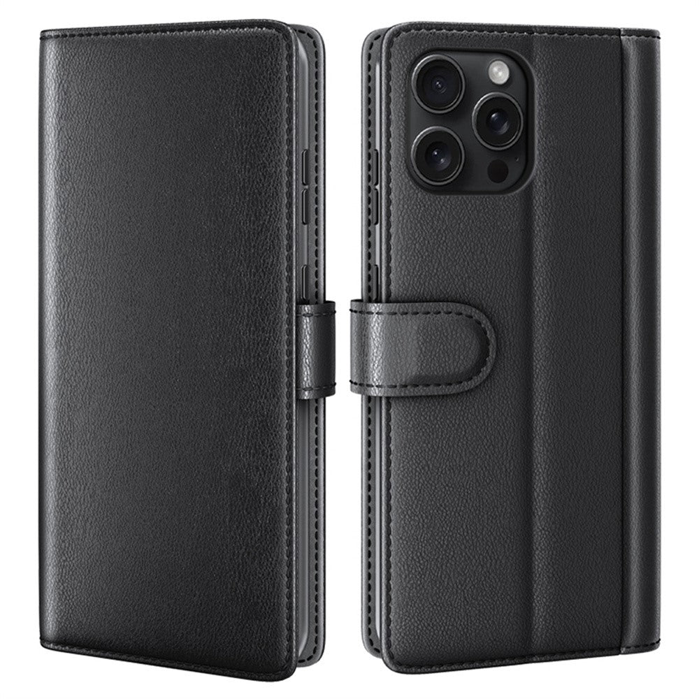 AMORUS For iPhone 16 Pro Max Stand Cases Calf Texture Genuine Split Leather Wallet Phone Cover