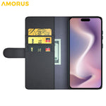 AMORUS For iPhone 16 Pro Max Stand Cases Calf Texture Genuine Split Leather Wallet Phone Cover